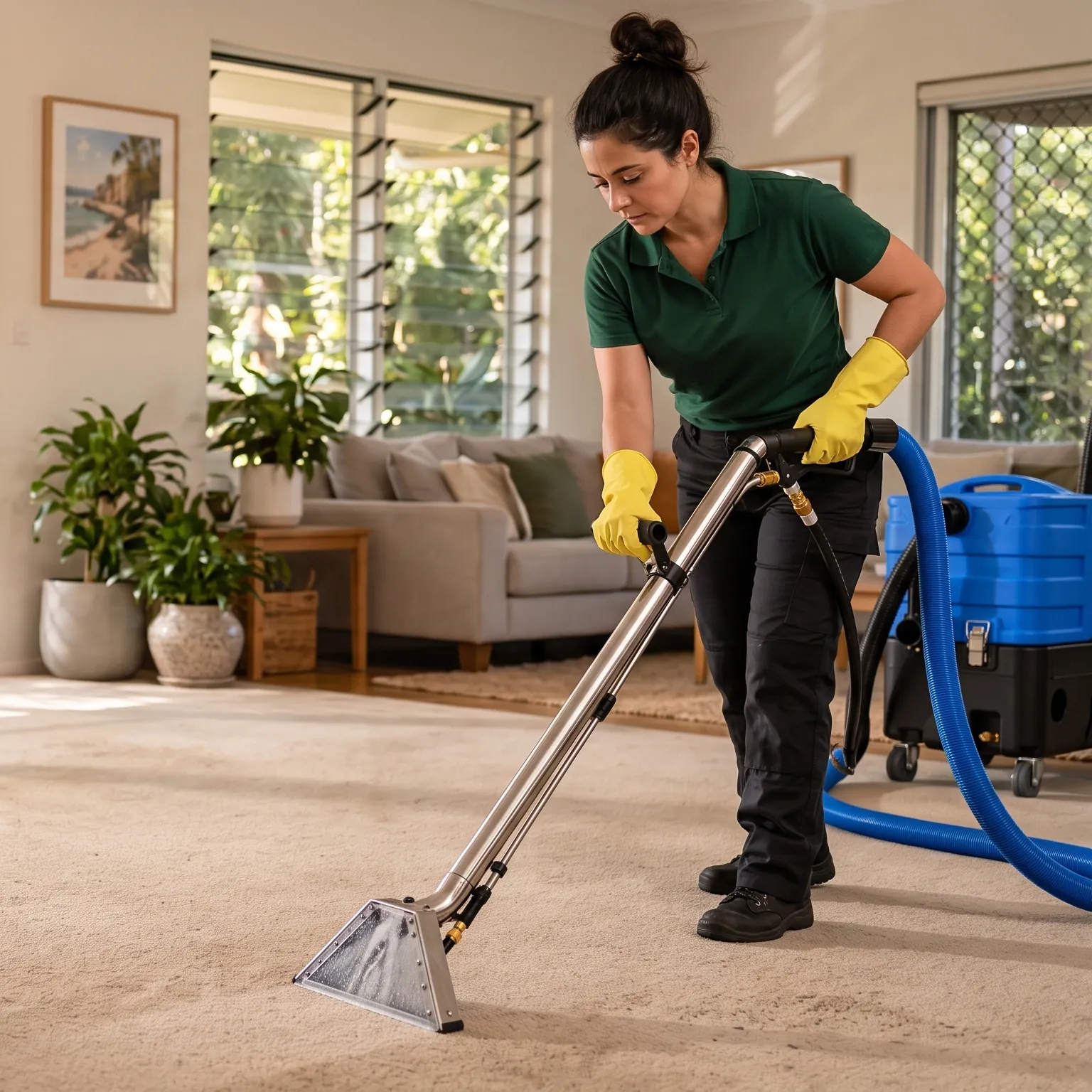Cleaner in a green polo and yellow gloves using a carpet extraction wand in a living room