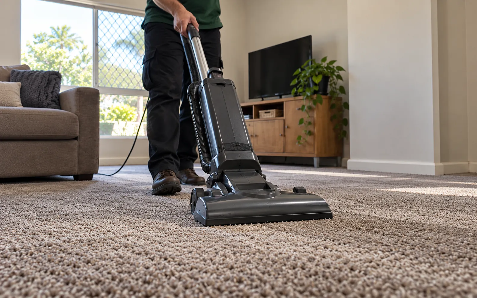 Cleaner pushing an upright vacuum across beige carpet beside a TV unit