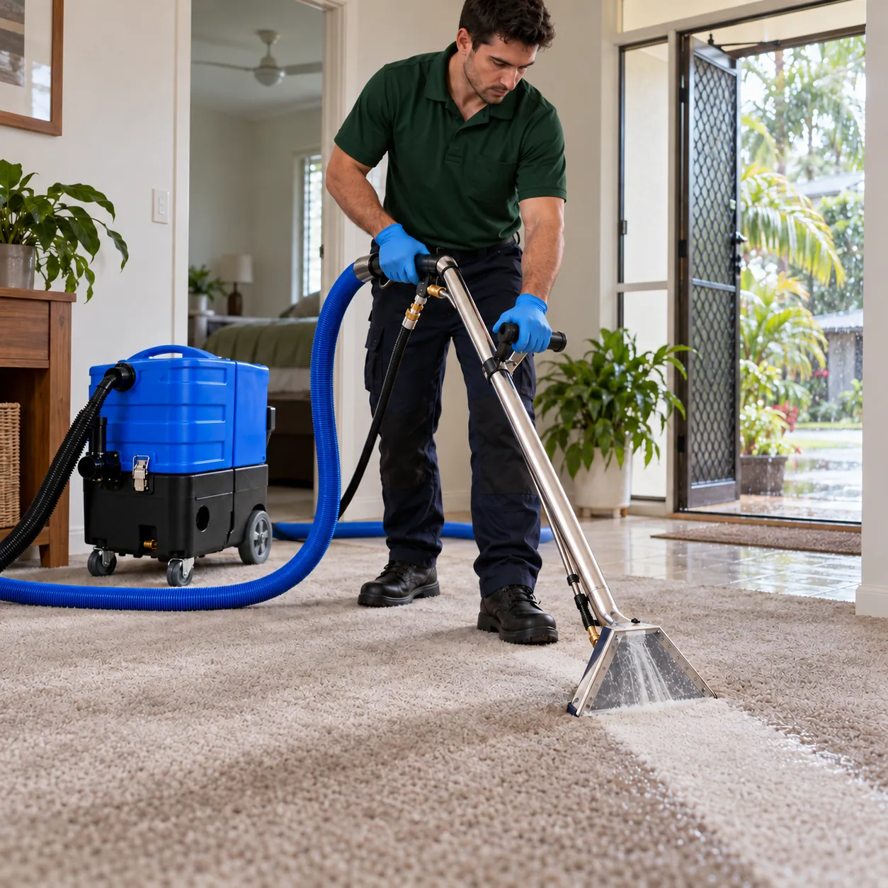 Cleaner in blue gloves using a carpet extraction wand next to a blue extraction machine