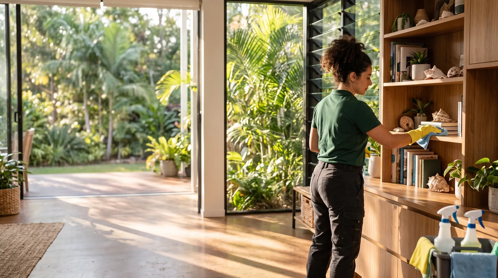 Cleaner in a green polo and yellow gloves wiping a timber shelf in an open living area facing a garden