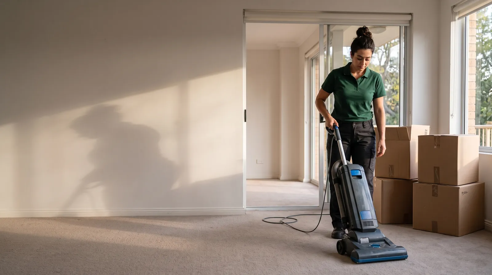 Cleaner in a green polo vacuuming carpet in an empty room beside stacked cardboard boxes