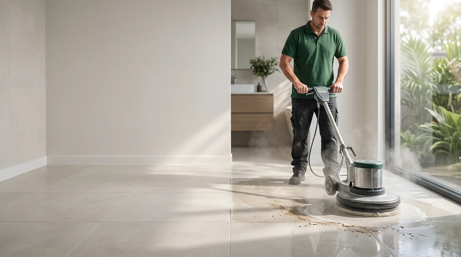 Cleaner using a floor polishing machine on tiles in an empty room with a bathroom behind