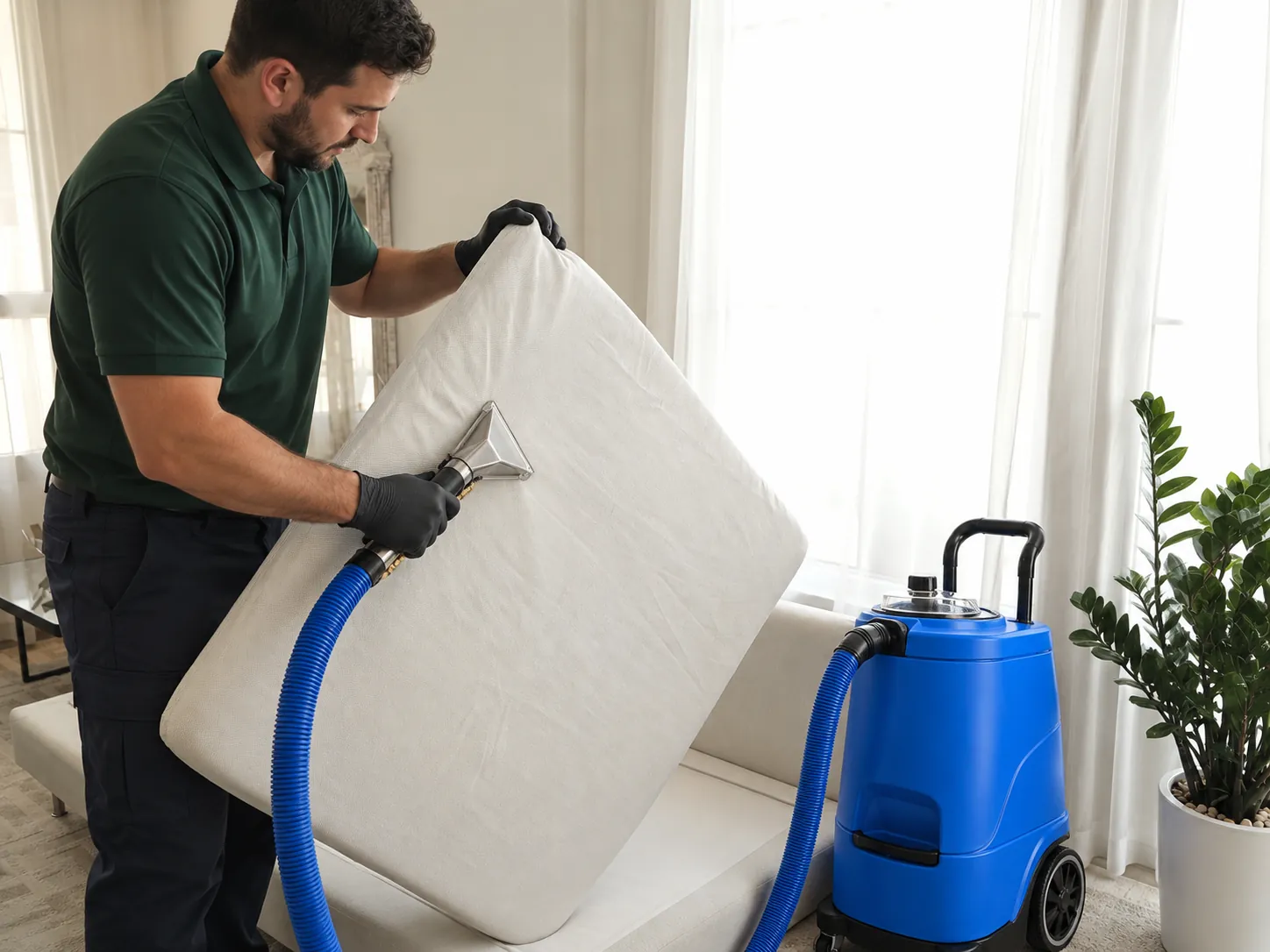 Cleaner in a green polo holding a mattress on its side and using a hose tool, with a blue extraction machine beside him