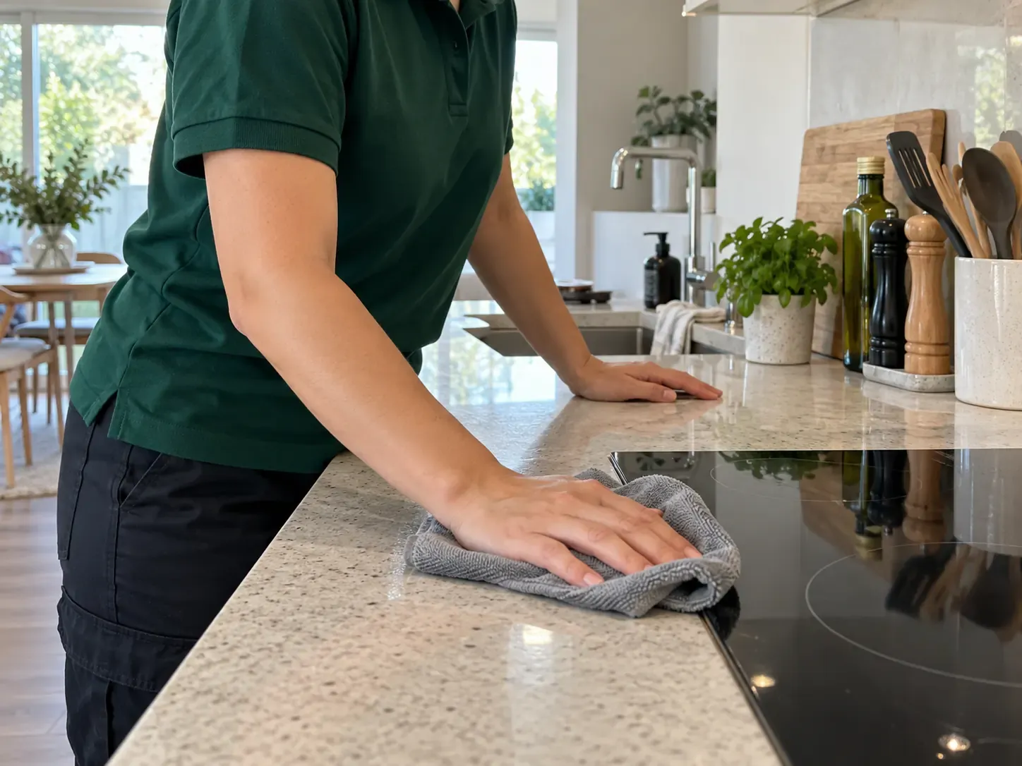 Cleaner in green polo wiping a stone benchtop beside a black cooktop